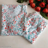 Viscose Rayon printed floral print winter top & pyjama set (White, Blue) - women's nightdress with 3/4 sleeves and V-neck, slip-on fit for home wear